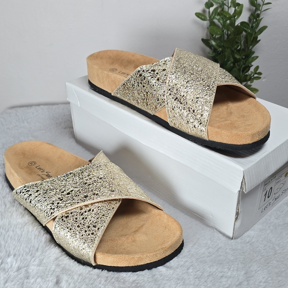 Let's See Style Gold Pauly Slip On Crossover Strap Shimmer Sandals Size 10 New